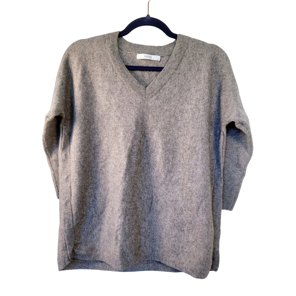 Subtle Luxury 100% Cashmere V-Neck 3/4 Dolman Sleeve Side Snap Sweater XS Gray